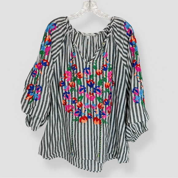 See And Be Seen Tops - See And Be Seen Size Large Floral Embroidered Striped Tunic Boho Peasant Casual